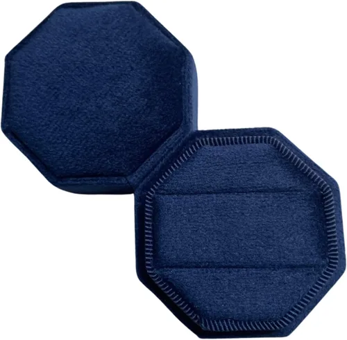 Vista 2 de Caja de anillo de terciopelo octágono de doble ranura para compromiso, boda, ceremonia, joyería, exhibición de fotos y almacenamiento (azul rey)