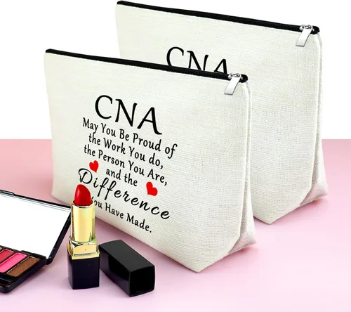 Vista 4 de Mxrymvu Regalos de la semana de CNA Bolsas de maquillaje Regalos de agradecimiento CNA, 2 piezas beige.