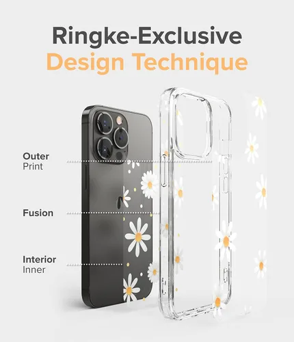 Vista 3 de Ringke Fusion Design - Funda compatible con iPhone 13 Pro Max, parte trasera dura transparente con panel de diseño floral para niñas y mujeres, a