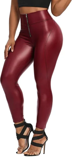 Vista 2 de NIOENPT Pantalones de cuero para mujer, leggings de piel sintética brillante, cintura alta, leggings de poliuretano negro, traje de discoteca