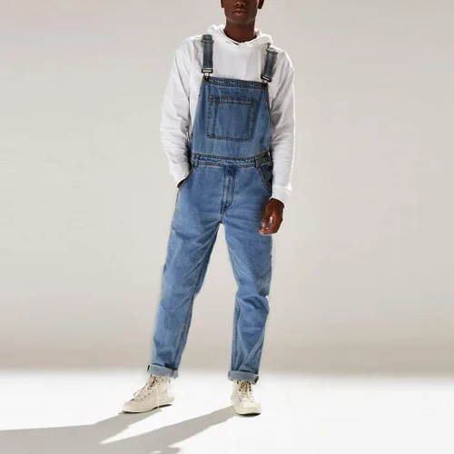 Vista 3 de Overol con peto para hombre, pantalones cortos de mezclilla para novio, elásticos, pantalones de mezclilla clásicos, overol para hombre, grande