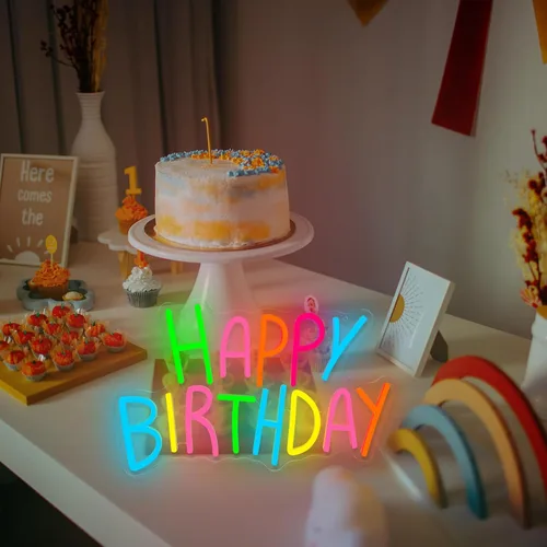 Vista 7 de Letrero de neón de feliz cumpleaños para decoración de pared, luces de neón de feliz cumpleaños coloridas, luz de neón LED de cumpleaños para telón