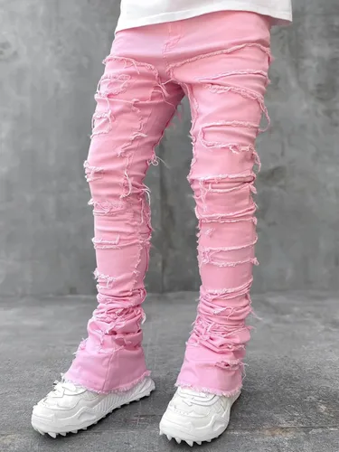 Vista 3 de Jeans para hombre, elásticos, ajustados, apilados, rasgados, desgastados, ajustados, con parche Y2K, pantalones de mezclilla ajustados, ropa de calle