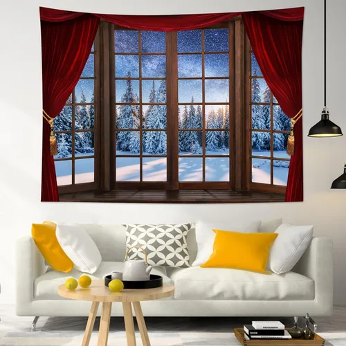 Vista 2 de WEENEO Tapiz de bosque de invierno, ventana, exterior, pino, Navidad, escena de nieve, tapiz de naturaleza, plantas, montaña bajo azul estrellado
