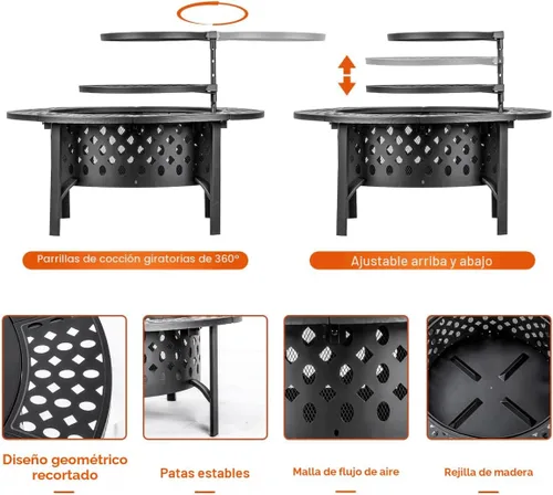 Vista 9 de OutVue Fogata de 36 pulgadas con 2 parrillas, fogata de leña para exteriores con tapa, atizador y cubierta redonda impermeable, barbacoa y hoguera