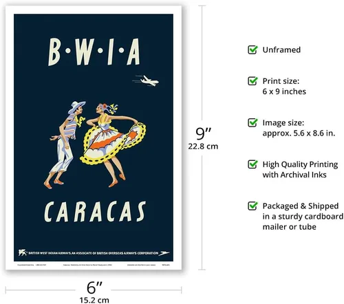 Vista 2 de Caracas Venezuela – British West Indies Airways BWIA (Bee-Wee) – Póster vintage de viaje por Dick Negus y Philip Sharland c.1950s – Impresión