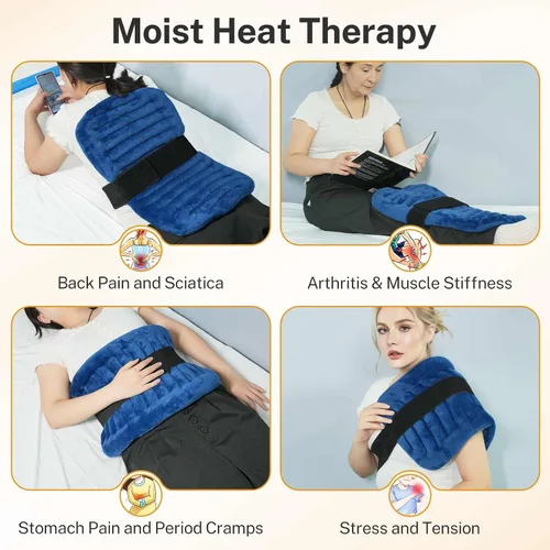 Vista 6 de Almohadilla térmica extra grande apta para microondas para espalda con calor húmedo, almohadillas térmicas de semillas de lino para espalda