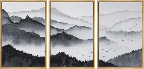 Vista 13 de NWT Lienzo enmarcado para pared, juego de arte en acuarela pastel, bosque de montaña oscura, naturaleza silvestre, ilustraciones de arte moderno
