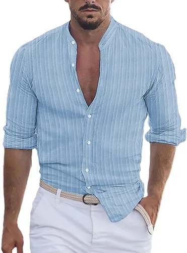 Vista 13 de Camisa de lino de algodón para hombre, manga larga con botones, cuello alto con bandas para playa y verano