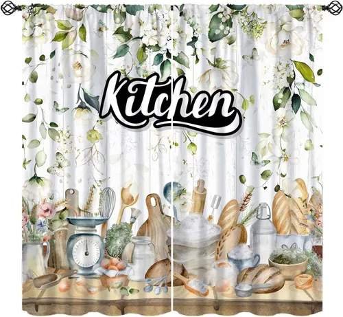 Vista 22 de Cortinas de chef para ventana, juego de 2 paneles para dormitorio y sala de estar, 42 x 45 pulgadas, a cuadros, cortinas temáticas de cocina
