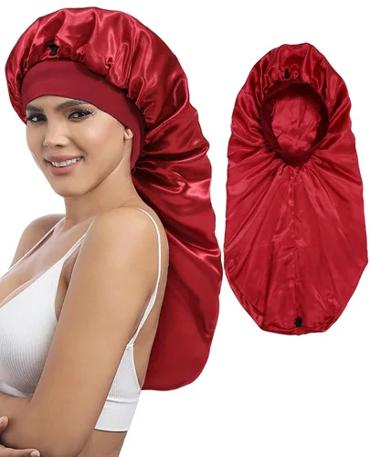 Vista 9 de AWAYTR Gorro largo de satén para mujer, gorro de seda de 2 capas para trenzas, gorro de dormir elástico con gorro de noche de banda ancha (negro)