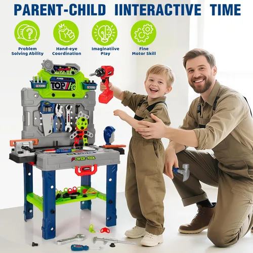 Vista 7 de Juego de banco de herramientas para niños con taladro eléctrico y herramientas realistas, juego de banco de trabajo de construcción para niños