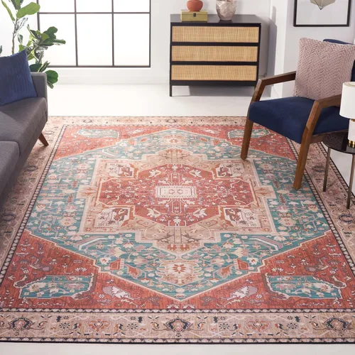 Vista 12 de SAFAVIEH Alfombra lavable Tucson Collection - 2 pies 6 pulgadas x 4 pies, aguamarina y óxido, antideslizante y fácil de limpiar, ideal para sala
