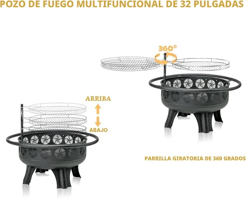 Vista 5 de Verdeluxe Pozo de fuego de 32 pulgadas con rejilla de cocción giratoria, hoguera de leña 3 en 1 con parrilla, mesa de fogata al aire libre con tapa
