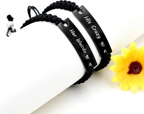 Vista 3 de 1 par de pulseras trenzadas Hademade para parejas, pulseras para hombres y mujeres grabadas con "I Love You 3000, God Gave Me You, His Crazy Her