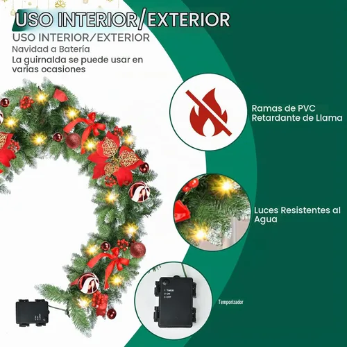 Vista 5 de Guirnalda de Navidad con luces, guirnalda de Navidad preiluminada de 9 pies con 30 luces LED para repisa, decoración de Navidad para interiores