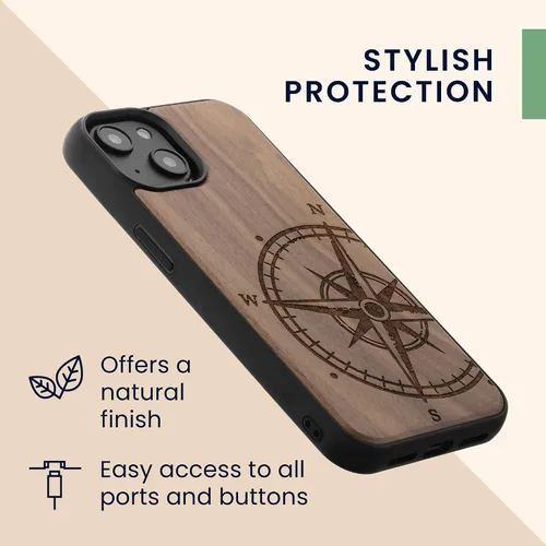 Vista 5 de kwmobile Funda de madera compatible con Apple iPhone 14, brújula de navegación, color marrón oscuro