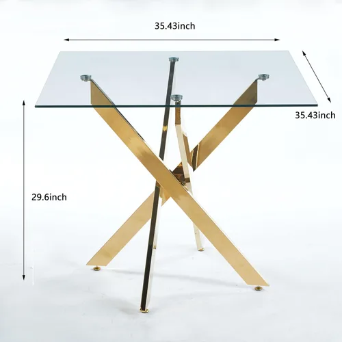 Vista 3 de Mesa de comedor cuadrada de 36 pulgadas para 2, 3, 4 personas, mesa de comedor moderna con patas de metal cromado dorado en forma de X, mesa