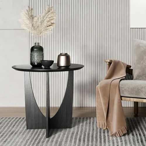 Vista 2 de Mesa auxiliar redonda, mesa auxiliar estética moderna con chapa de roble, mesa decorativa de madera para sala de estar, dormitorio (A, negro)
