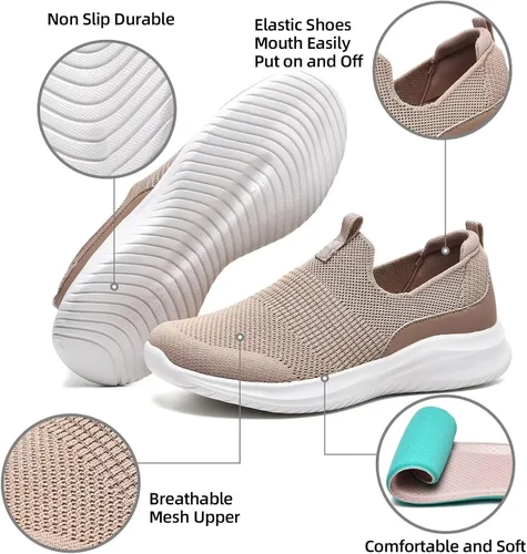 Vista 5 de TIOSEBON Tenis para caminar para mujer, tenis de punto sin cordones, cómodos tenis de malla