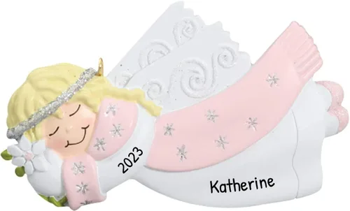 Vista 7 de Adorno de ángel personalizado 2025 – Reloj de adorno de ángel bebé de oso marrón, adornos de bebé de Navidad al aire libre para alas de árbol
