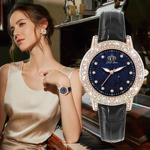 Vista 6 de Fate Love Reloj de cuero para mujer, reloj de pulsera de lujo con diamantes de regalo para niñas y señoras