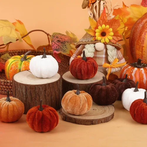 Vista 5 de 16 PCS Fall Autumn Artificial Velvet Pumpkins Mini Faux Pumpkins