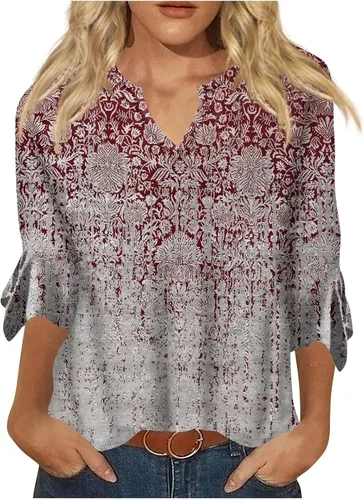 Vista 5 de Camisetas de primavera 2024 para mujer, a la moda, manga acampanada de 34, cuello en V, estilo vintage, casuales, holgadas, básicas, para mujer