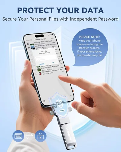 Vista 8 de Memoria USB USB con certificación MFi para iPhone, memoria externa 4 en 1 para ahorro de video y copia de seguridad (plata, 256 GB)