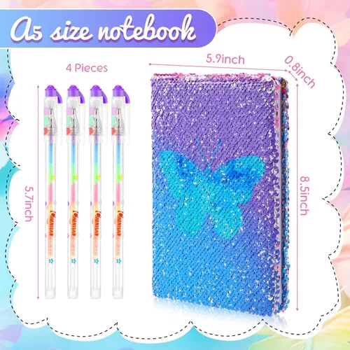 Vista 2 de Outus Juego de diario de lentejuelas para niñas con 4 bolígrafos de tinta de gel de color, diario reversible, cuaderno de lentejuelas con purpurina
