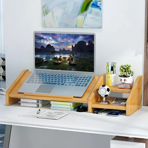 Vista 8 de Ufine Soporte de Bambú para Laptop de Escritorio con 3 Alturas Ajustables, Soporte para Notebook, Elevador de Monitor de Computadora con Estante