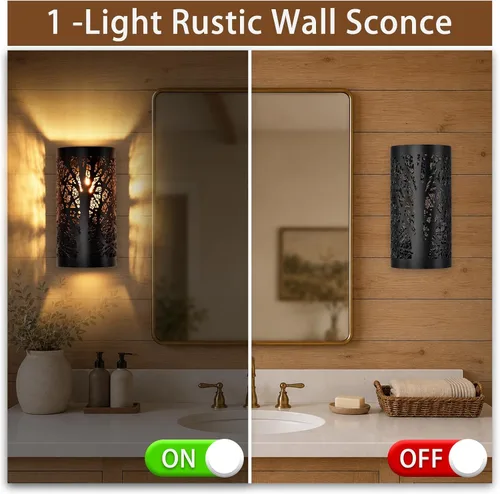 Vista 9 de Juego de 2 apliques de pared rústicos, con cable negro mate, sombra de árbol industrial, 1 luz E26 para dormitorio, pasillo, cabina
