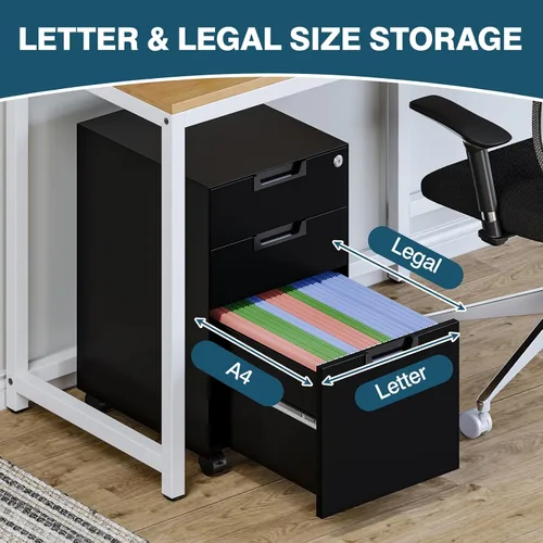 Vista 4 de MIIIKO - Archivador de 3 cajones con cerradura, archivadores verticales de metal negro para oficina en casa, archivadores completamente ensamblados