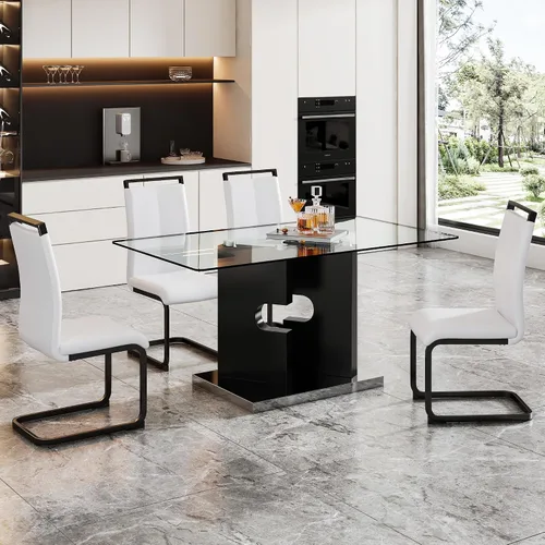 Vista 16 de Ebullient Juego de mesa de comedor de cristal de 63 pulgadas para 6, mesa de comedor de vidrio negro y base de MDF, mesa de cocina rectangular Mesa
