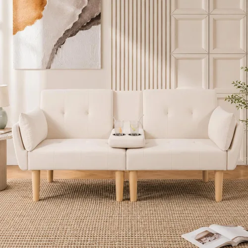 Vista 11 de Sofá Cama Futón de Terciopelo Moderno 2 en 1, Sofá Cama Plegable Convertible con 2 Almohadas, Loveseat Reclinable Acolchado de 63" con Patas de Beige