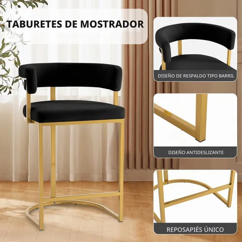 Vista 3 de Modern Barrel - Juego de 2 taburetes de bar de terciopelo de 24 pulgadas con respaldo y brazos cómodos, silla de isla de cocina tapizada de sherpa
