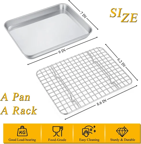 Vista 2 de P&P CHEF, bandeja para horno tostador de 9 pulgadas con juego de rejilla, bandeja de hornear de acero inoxidable y rejilla de enfriamiento