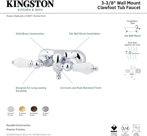 Vista 3 de Kingston Brass CC45T8 - Grifo vintage de 3-3/8 pulgadas para bañera de pared, níquel cepillado
