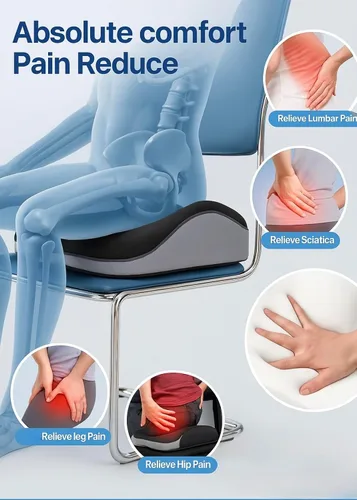 Vista 4 de Cojín ortopédico de espuma viscoelástica para asiento con soporte lumbar, ciática, coxis, coxis, cadera y espalda, diseño ergonómico de 5 zonas