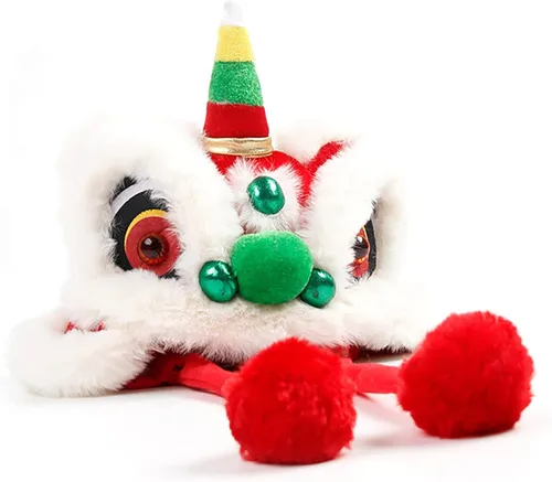 Vista 5 de Sombrero para perro, sombrero de león para mascotas de celebración de estilo chino, lindo sombrero de baile de león para perro ajustable para Año