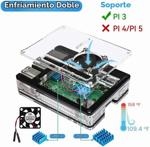 Vista 2 de Miuzei Funda para Raspberry Pi 3 con ventilador Cooling Pi 3B con 3 disipadores de calor 5V 3A fuente de alimentación compatible con Raspberry Pi 3