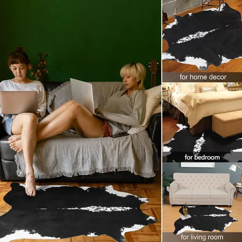 Vista 2 de Alfombra de piel de vaca sintética AROGAN, alfombra premium con estampado de vaca para decoración occidental boho, piel de vaca para dormitorio Negro