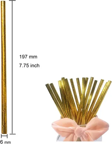 Vista 2 de Paquete de 100 popotes de papel de aluminio dorado, desechables, de oro metálico, pajitas biodegradables de cóctel para cumpleaños, bodas
