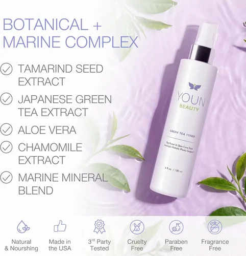 Vista 5 de YOUN Beauty Tónico de té verde en espray facial Tónico hidratante y equilibrante de pH sin alcohol, con té verde y extractos de manzanilla por