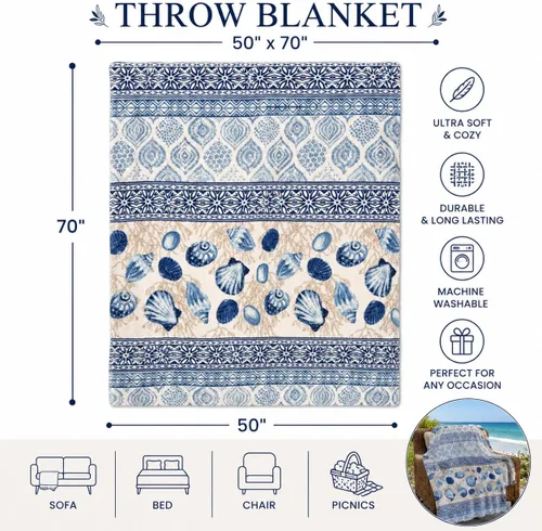 Vista 4 de Manta Decorativa para Decoración del Hogar Vida Oceánica Costera: Suave Felpa de Terciopelo Polar Tonos Calmantes de Azules, Verdes, Beige sobre