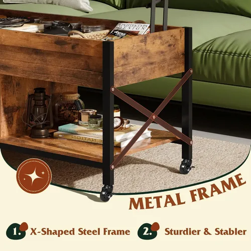 Vista 7 de WLIVE Mesa de Centro, Mesa de Centro Elevable de 41.3" con 4 Ruedas, Compartimento Oculto, Estante de Almacenamiento y Superficie Elevable para Sala