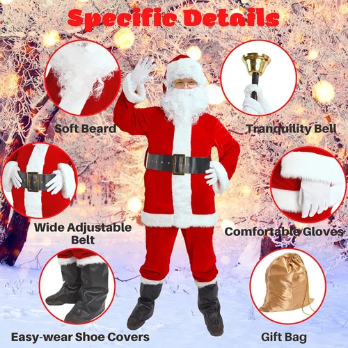 Vista 6 de Gardentime Disfraz de Papá Noel para hombres traje de Papá Noel para adultos 11 piezas traje de terciopelo rojo de lujo Navidad vacaciones fiesta