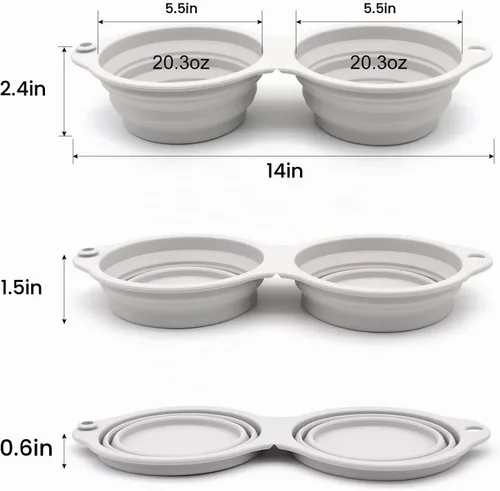 Vista 4 de SLSON Cuencos plegables para perros, cuenco doble integrado para perro, sin borde de plástico, 2 en 1, plegable para comida y agua para mascotas