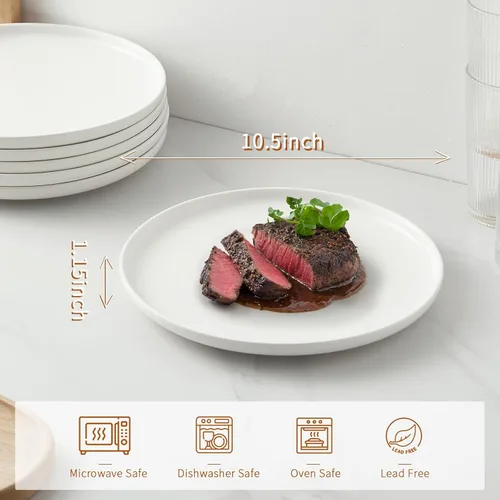 Vista 2 de Jassceram Juego de 6 platos llanos blancos de 10.5 pulgadas, platos redondos de cerámica para cocina o restaurante, platos de ensalada, juego