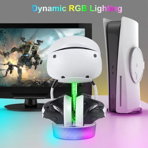 Vista 4 de Base de carga para PS5 VR2, PSVR 2, estación de carga con soporte de luz RGB de respiración para PSVR2, soporte de exhibición para PSVR2, accesorios